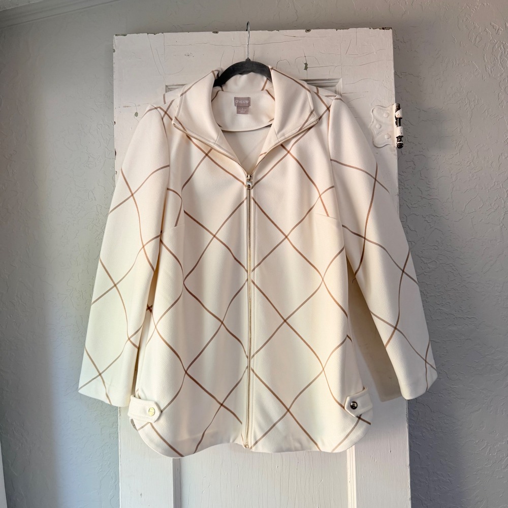 Chicos Ivory Tan Diamond Print Zip Front Jacket Size 1 M 8/10 Windowpane Ponte
